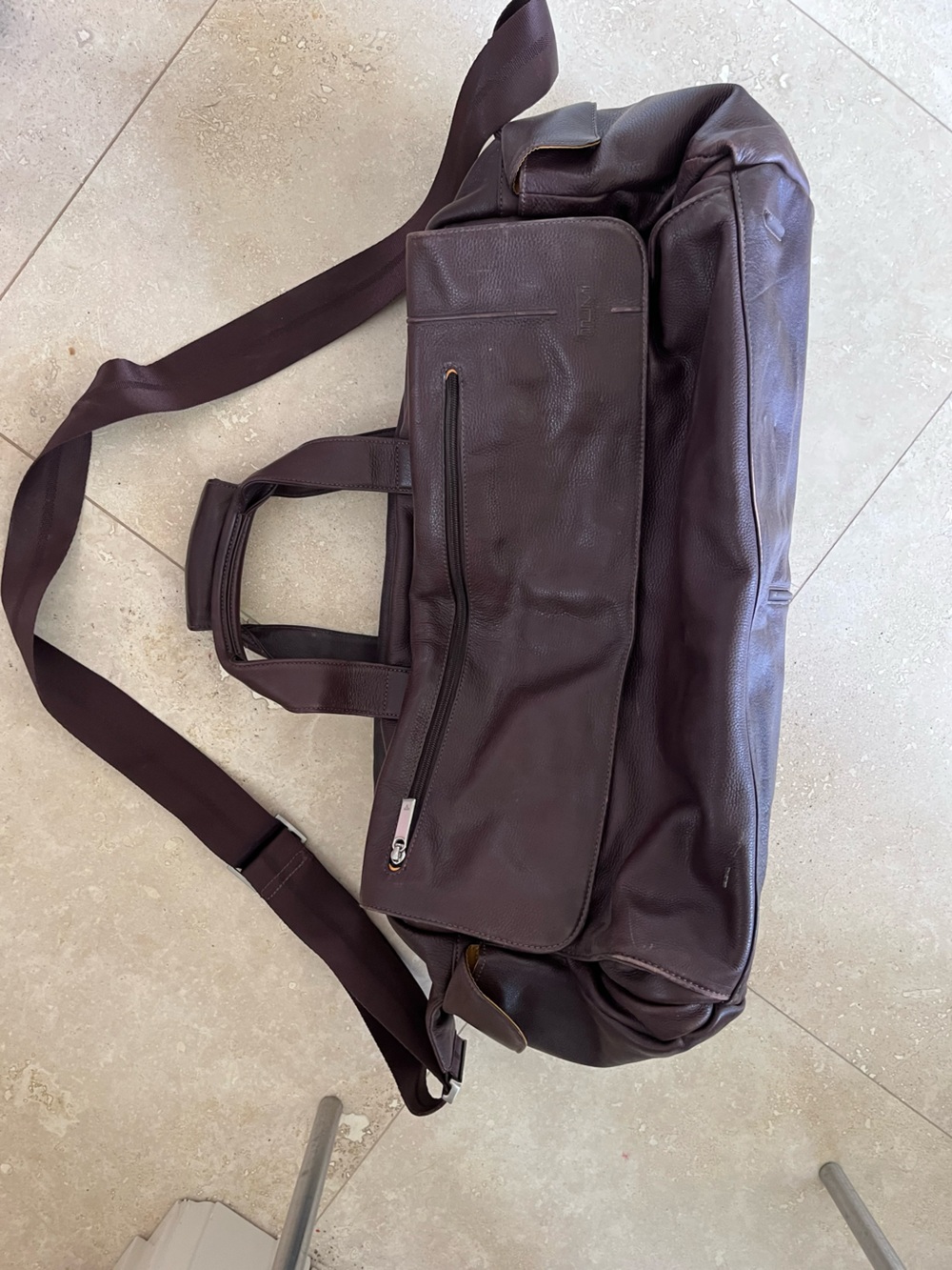 Tumi Dark Brown Leather Duffel Bag with Adjustable Strap